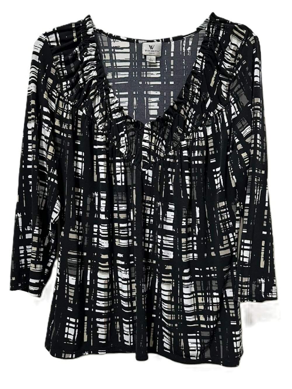 Worthington Geometric Print Black and White 3/4 Sleeves Blouse Top Size Large